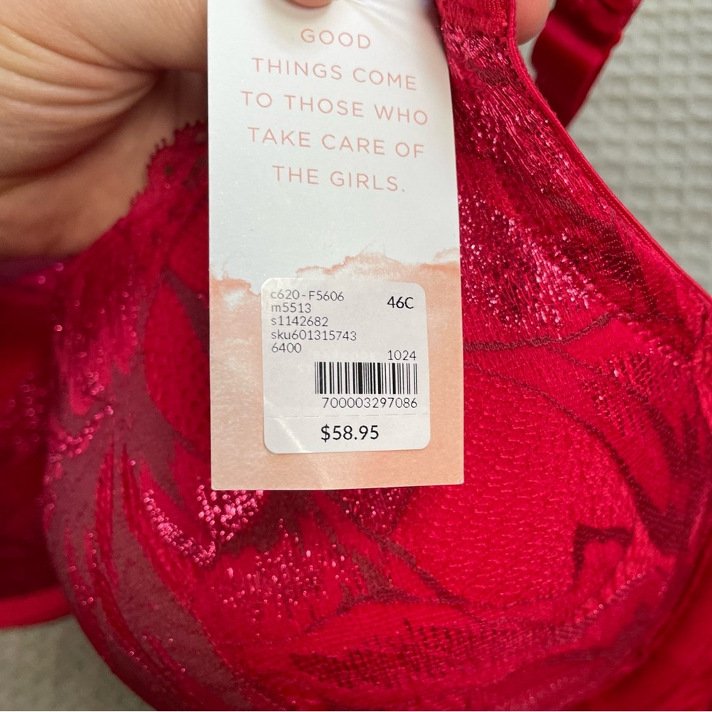 New Cacique Boost Plunge Bra 46C Red Lace Overlay Underwire Modern - Picture 6 of 8